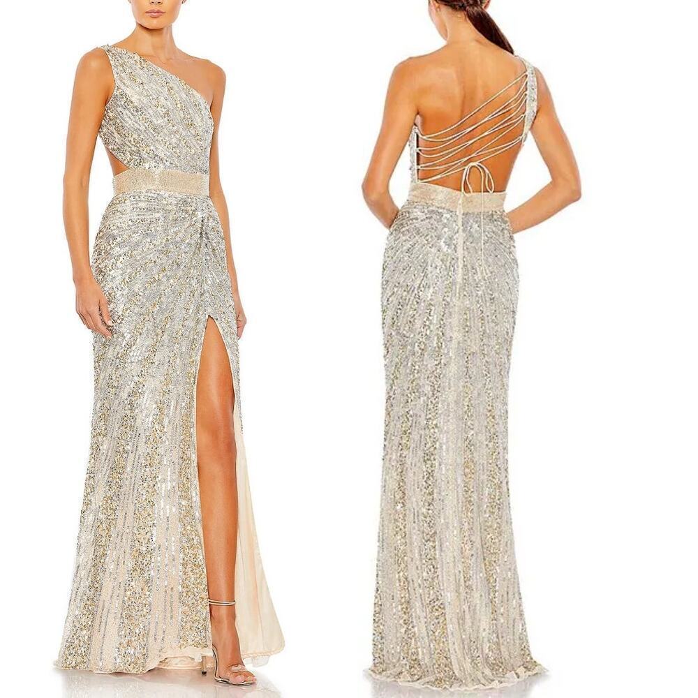 NWT Mac Duggal One Shoulder Lace Up Back Sequin Gown Nude Silver Formal Size 4